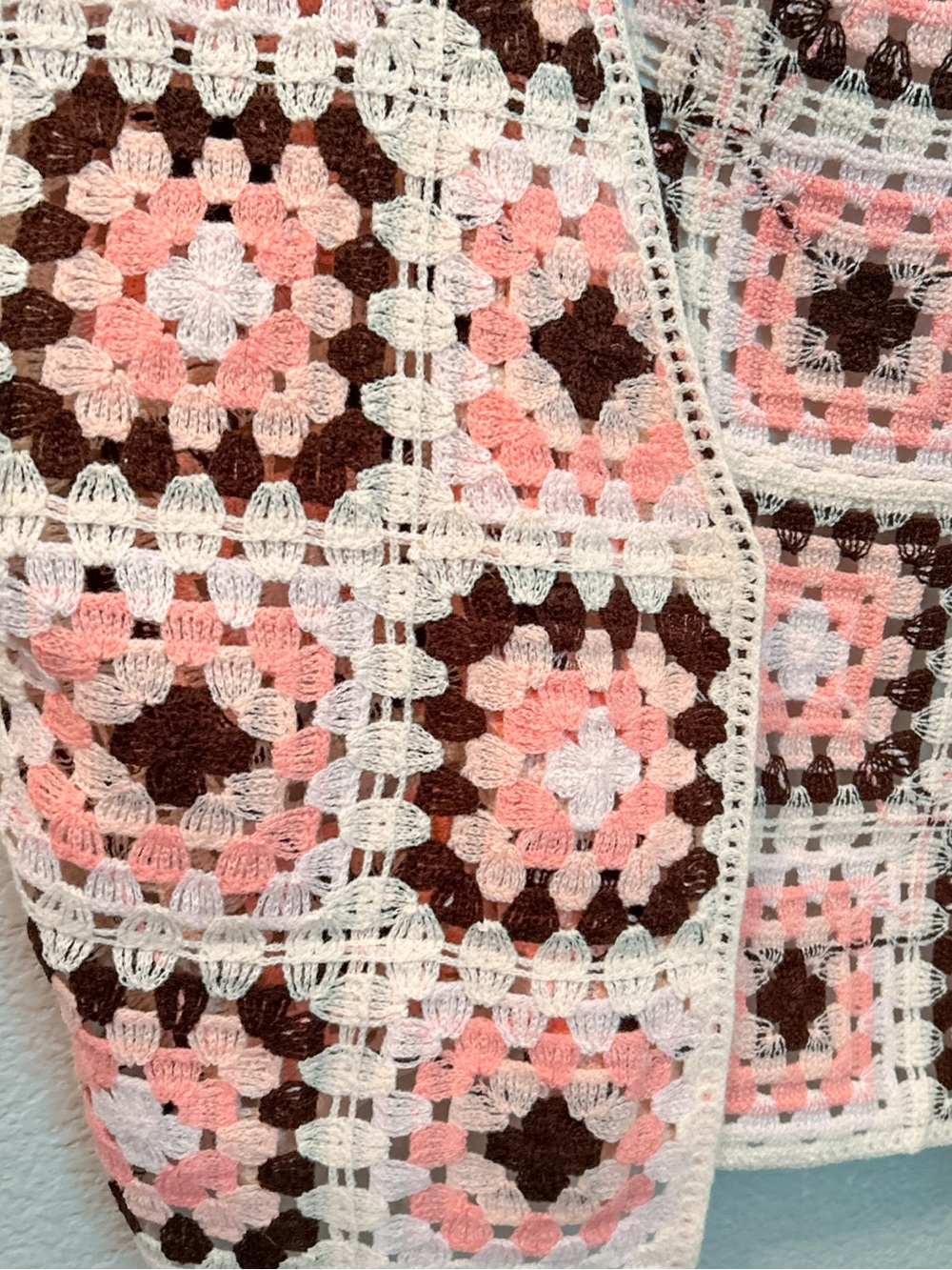 Boho Crochet Granny Square Long Sleeve Cardigan Pink Ivory L/XL Cottage Grandma - Picture 4 of 8